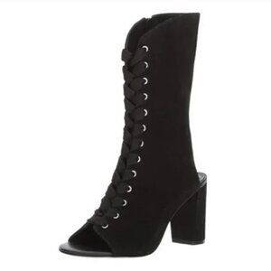 NEW Bernardo Heidi Lace Up boot Heeled Bootie Black Leather open toe & heel zip